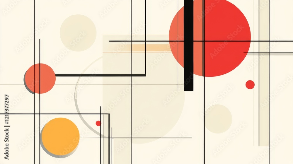 Poster abstract geometric composition featuring vibrant circles and lines on a neutral background