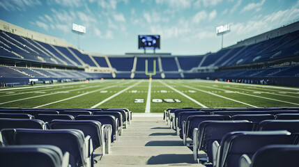 Fototapeta premium shot from the empty stands of a football stadium, overlooking the field and scoreboard in the distance 