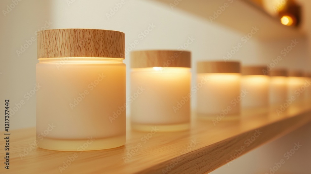 Poster row of small glass jars with wooden lids on a wooden shelf. the jars are arranged in a line and are 