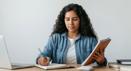 Naklejka premium Woman is sitting at a desk with a laptop and a notebook