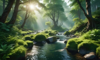 Glittering crystal clear streams flowing through a lush green forest, reflective, stream, nature