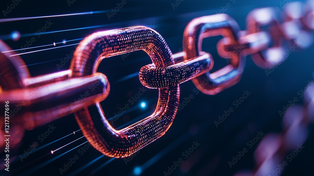 Poster a close-up view of digital links, representing blockchain technology with a futuristic, glowing aest