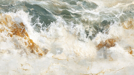 Fototapeta premium Top view texture waves, foaming and splashing in the ocean, Waves Crashing on Sandy Beach