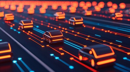 Obraz premium A futuristic scene depicting glowing cars in motion on a digital highway with vibrant orange and blue lights.