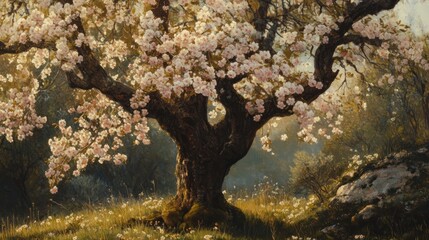A Majestic Blossom Tree in a Serene Landscape
