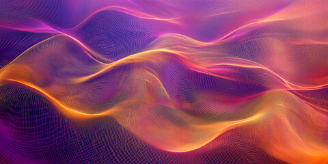 Obraz premium Abstract pulsating waves with electric neon colors, rhythmic patterns and glowing accents. Digital landscape, glowing particles, vibrancy and motion, for energetic and modern-themed designs.