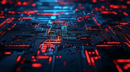A vibrant, futuristic circuit board design featuring glowing red and blue patterns, representing advanced technology and digital connectivity.