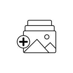gallery icon with plus sign, simple flat style, pictogram logo symbol vector illustration, isolated on white for mobile app