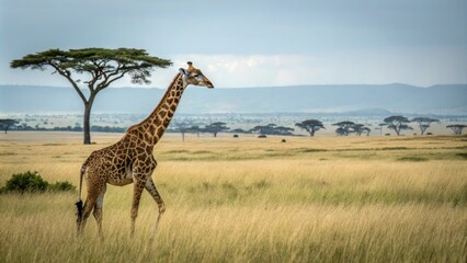 Obraz premium giraffe standing alone in landscape, outdoor, isolated