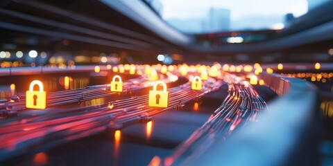 smart security automation threats concept. Illuminated pathways with digital lock icons representing cybersecurity and data protection in a modern cityscape.
