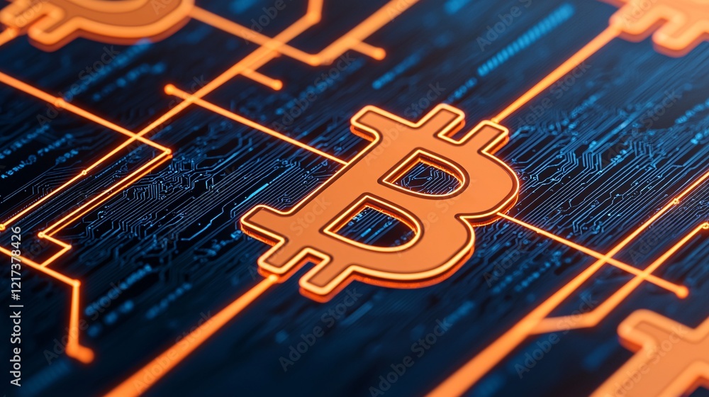 Aufkleber a close-up view of a bitcoin symbol on a digital circuit board, emphasizing cryptocurrency technolog