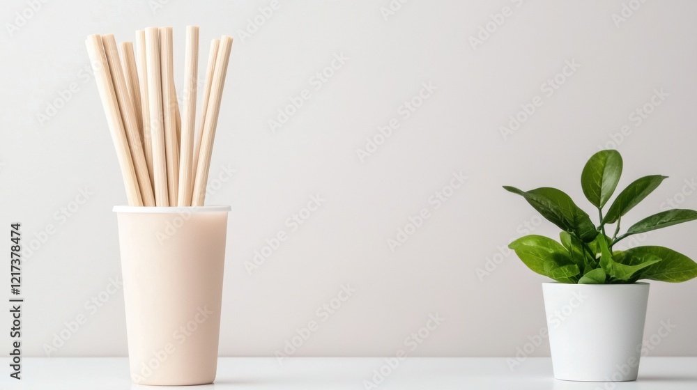 Aufkleber two objects on a white surface. on the left side, there is a tall, cylindrical vase with multiple wo