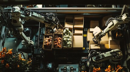 Robotic Arms Sort Produce Into Cardboard Boxes