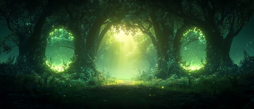 Enchanting bioluminescent forest with neon yellow glow and organic tech elements for futuristic theme design
