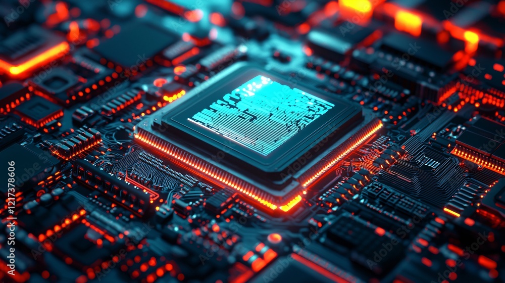 Poster a vibrant close-up of a circuit board featuring a central processor, illuminated by glowing red and 