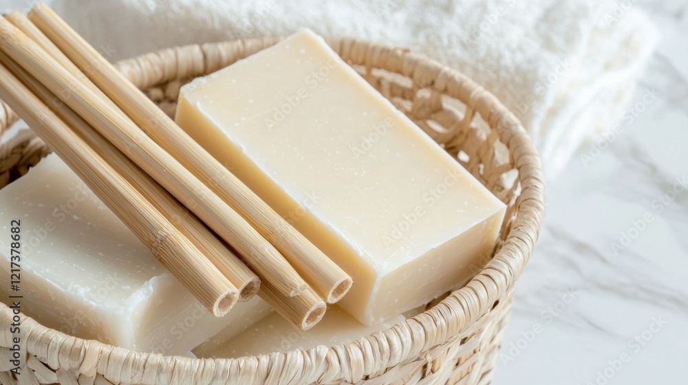 Poster small woven basket with two rectangular bars of soap in it. the soap bars are light yellow in color 