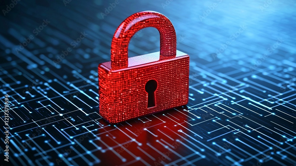 Poster a vibrant red padlock on a digital background, symbolizing cybersecurity and data protection in an i
