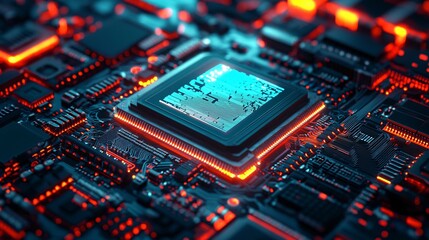 A vibrant close-up of a circuit board featuring a central processor, illuminated by glowing red and blue lights in a high-tech environment.