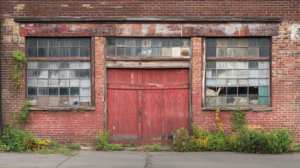 Old red barn door with rustic brick facade and vintage windows in a rundown area