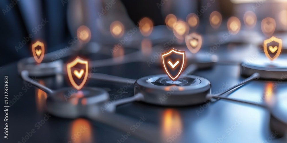 Aufkleber smart security automation threats concept. digital security network with glowing shield icons repres