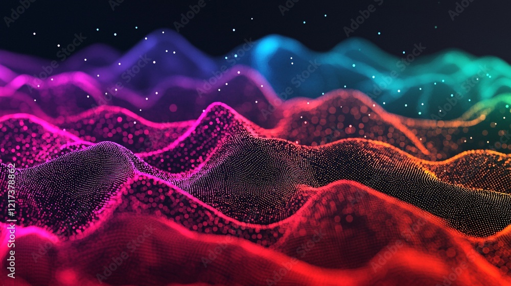 Poster a vibrant, abstract landscape of colorful waves, composed of shimmering particles, creating a mesmer