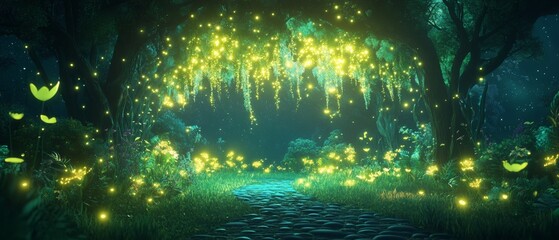 Fototapeta premium Magical bioluminescent forest with neon yellow glow and organic tech vibe for futuristic design concepts