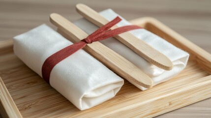 Wooden tray with two folded white napkins tied together with a red ribbon. the napkins are neatly folded and the ribbon is tied in a bow at the top.