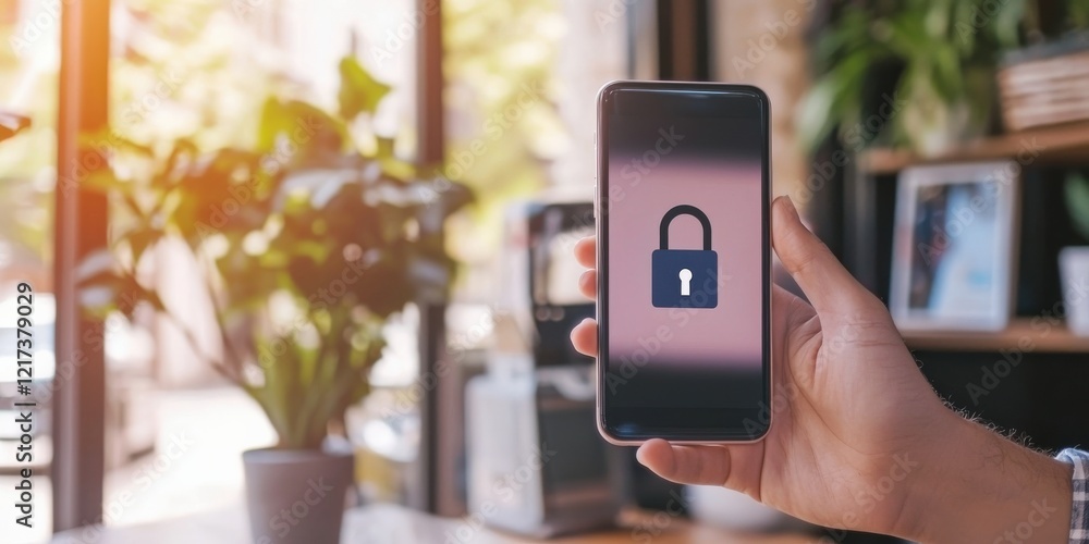 Aufkleber smart security automation threats concept. a person holds a smartphone displaying a lock symbol, ind