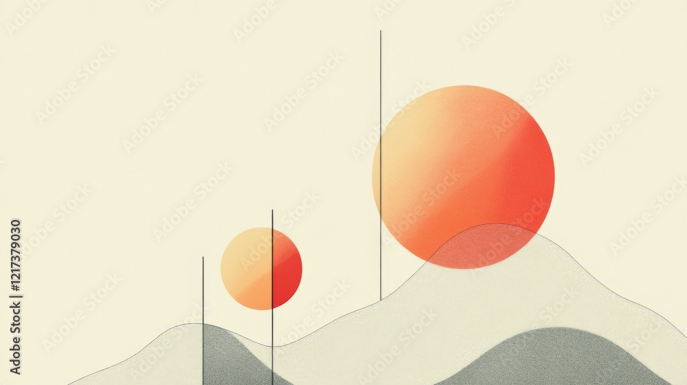 Poster abstract landscape with large and small red suns over soft, flowing hills in a minimalist style