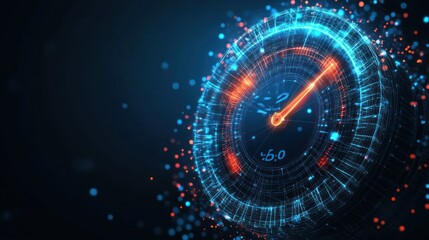 Obraz premium Futuristic glowing speedometer reaching maximum speed.