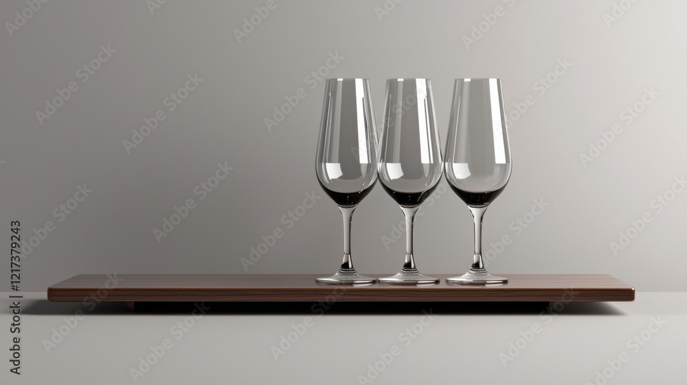 Poster three wine glasses arranged in a row on a wooden tray. the tray is rectangular in shape and has a li