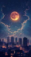 A stunning city skyline under a glowing full moon, surrounded by a starry sky, symbolizing beauty, calm, and urban serenity. Ideal for travel, cityscape, and night photography themes.