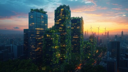 Fototapeta premium A cityscape with tall buildings and a green forest in the middle