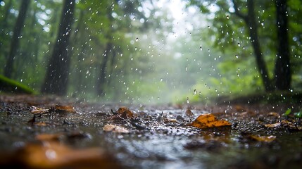 Fototapeta premium Rainy day in forest, close-up view of water droplets falling on ground with leaves.