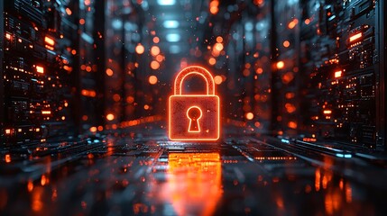 secure digital data storage with glowing lock symbol in server room