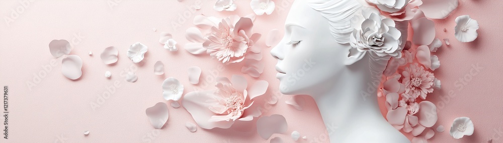 Poster a minimalistic silhouette of a woman's profile is surrounded by floating petals and flowers in soft 