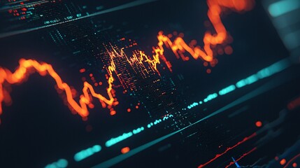 A vibrant, digital graph displays fluctuating data trends in orange against a dark background, symbolizing market movements or analytics.