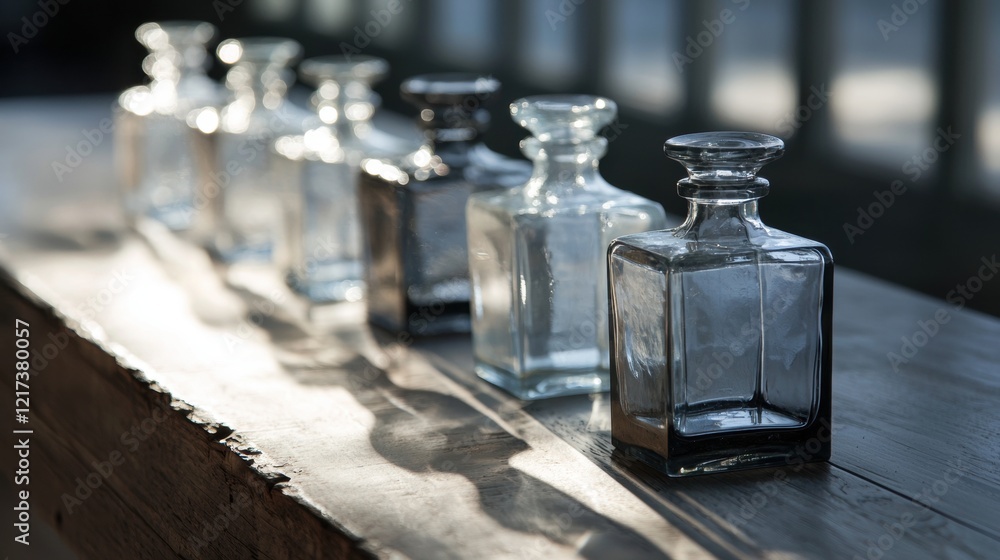 Poster row of six small glass bottles lined up on a wooden surface. the bottles are of different sizes and 