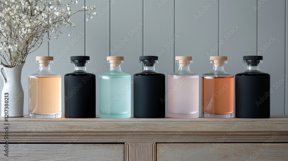 Poster row of six glass bottles with cork stoppers arranged on a wooden shelf. the bottles are of different