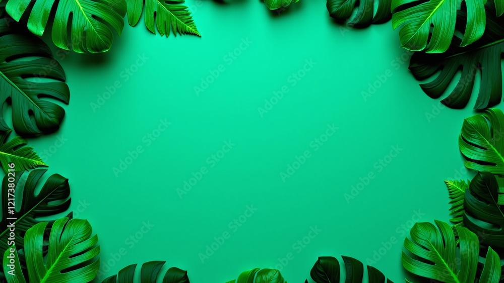 Poster a background with a bright green color in the center and green leaves at the edges. the leaves are a