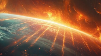 A fiery planet with a bright sun in the center