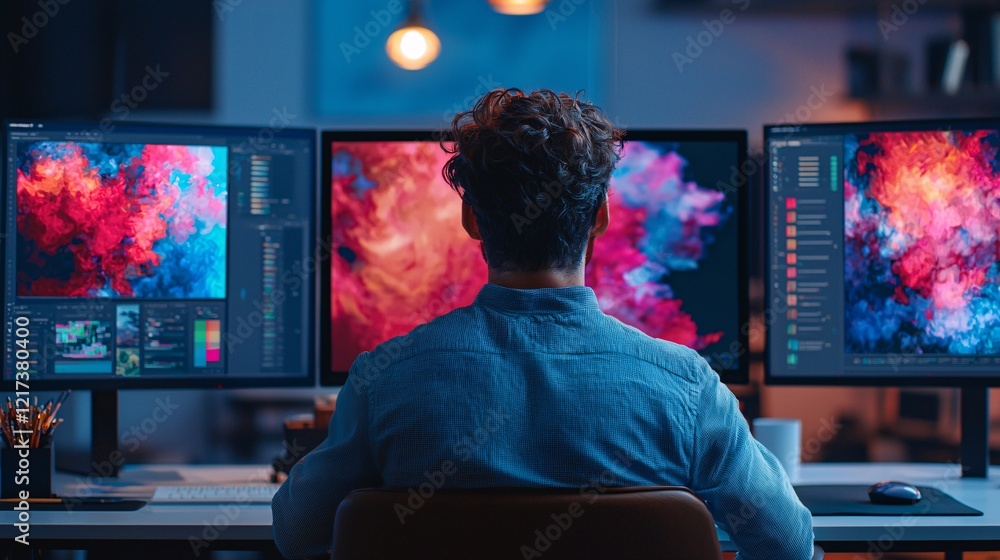 Poster a person sits in front of multiple monitors displaying vibrant digital art in a dimly lit workspace.
