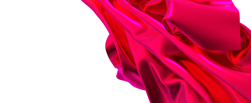 A splash of vibrant red silk against a white background The fabric flows and dances in the air