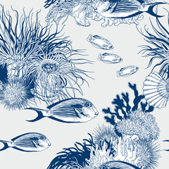 Seamless pattern with tropical fish and corals. Underwater scenery. Hand drawn line art vector illustration.