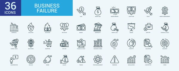 Business Failure icon collection set with loss, money bag, money broken, cash flow, crisis, money management, downfall, inflation, inflation, inflation