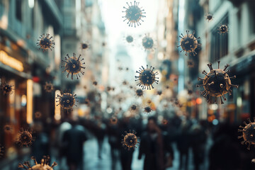 Airborne Viruses Spreading Against a Background of Blurred Crowds in a Busy City