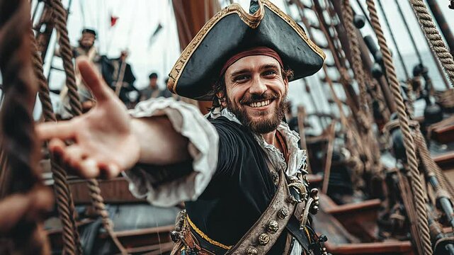 4k video of a pirate welcoming you on board of a pirate ship.