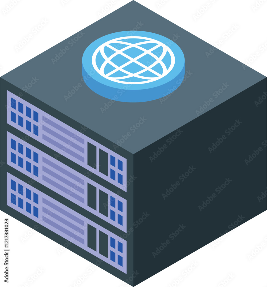 Poster server rack with globe symbol representing global network connectivity, ensuring seamless data flow 