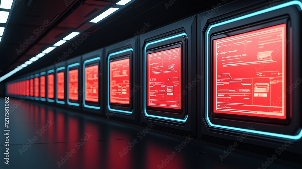 Poster a futuristic corridor lined with glowing screens displaying red data, evoking a high-tech, sci-fi at