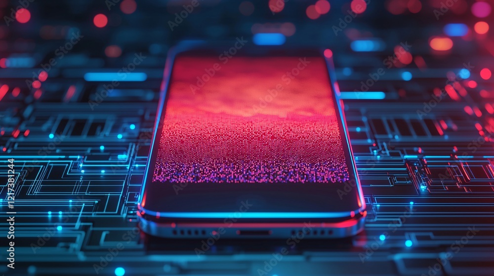 Poster a vibrant smartphone rests on a glowing circuit board, displaying a dynamic, colorful pattern that s